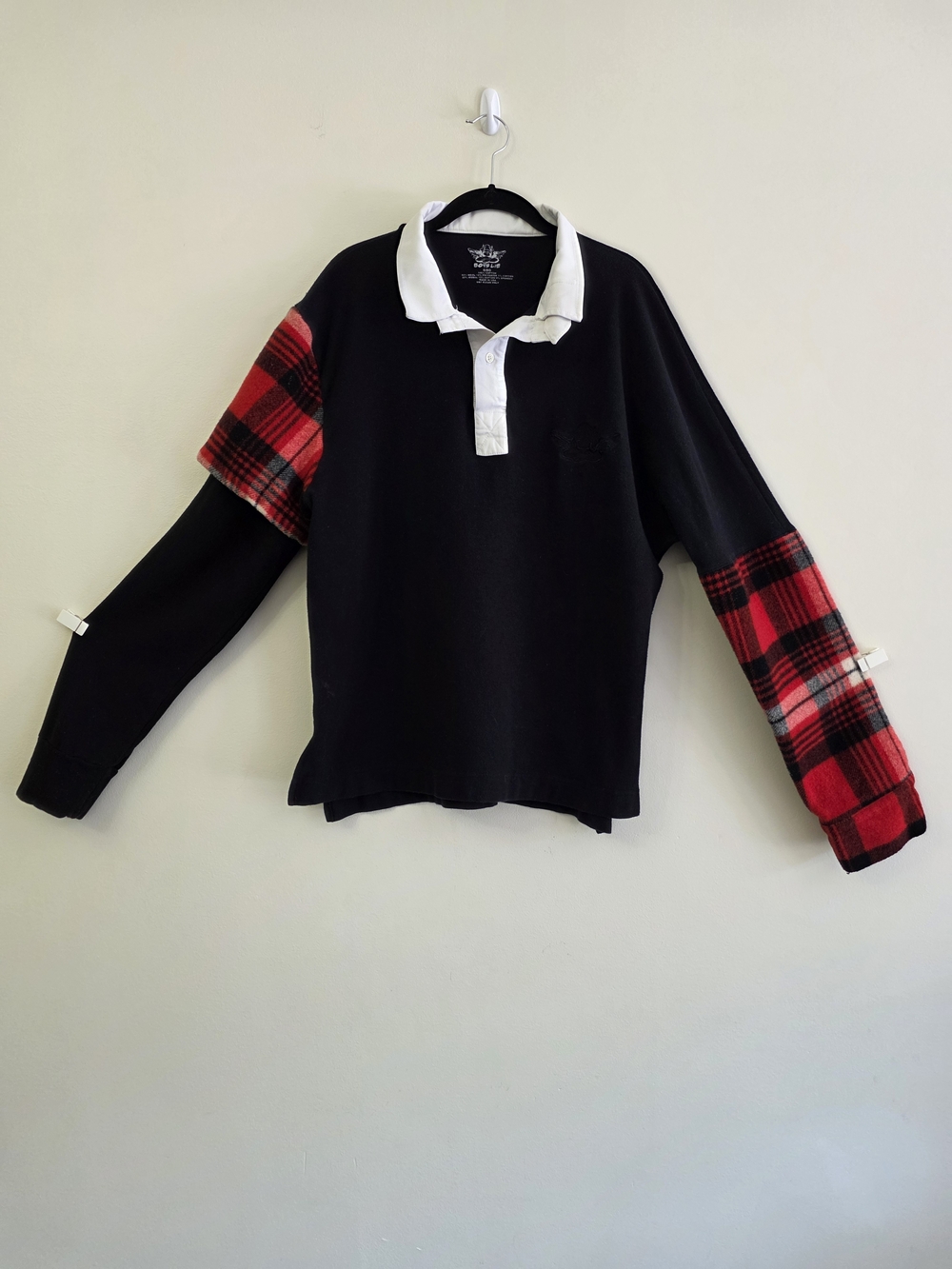 Boys Lie Black Rugby Hooded Sweatshirt with Red Plaid Sleeve Panels
